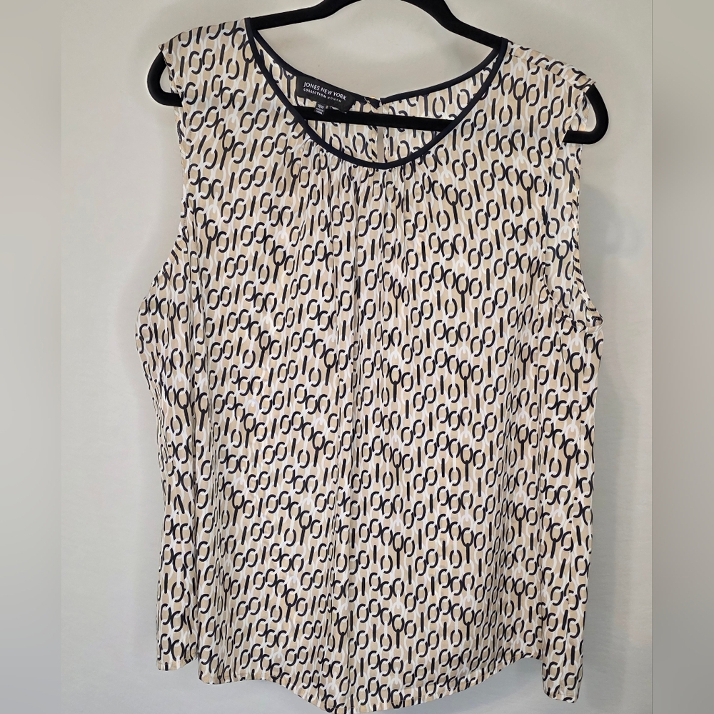 Jones New York Woman Sleeveless Blouse 16W Black Beige Geometric Chain Print - Picture 1 of 7